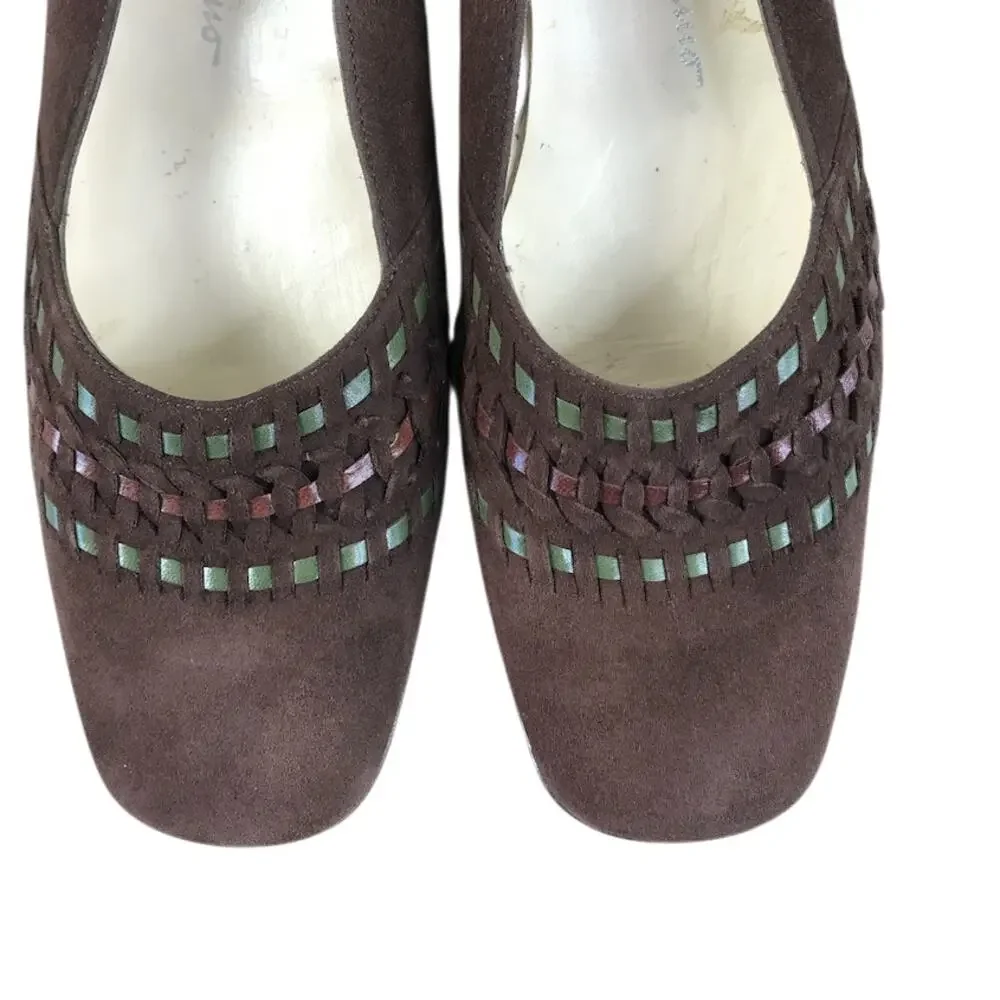 SALVATORE FERRAGAMO Suede Woven Flats Sz 8B Brown Classic Timeless Made In Italy